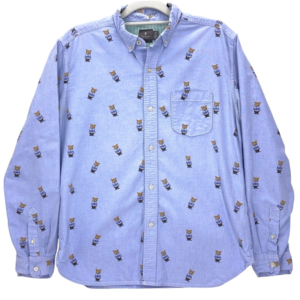 Hawkings McGill Blue Button Down Shirt M Fox Animal Print Oxford Long Sleeve